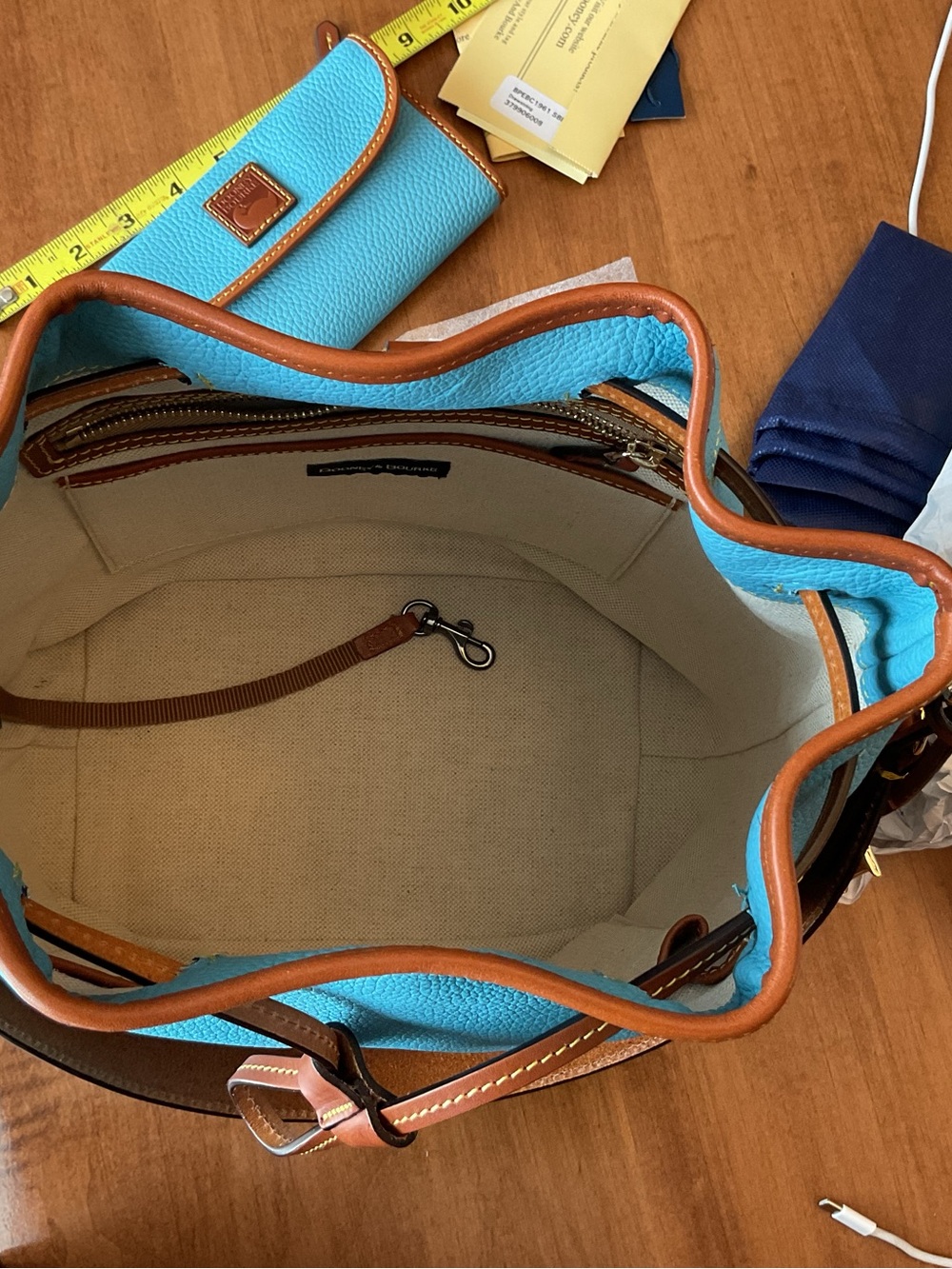 Dooney & Bourke Sky Blue pebble Drawstring Bucket Bag with Matching Wallet - Picture 10 of 15